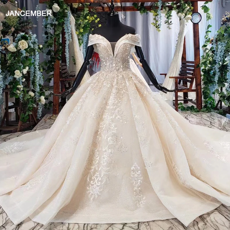 Женское свадебное платье со шлейфом HTL647 бальное с открытыми плечами и шнуровкой