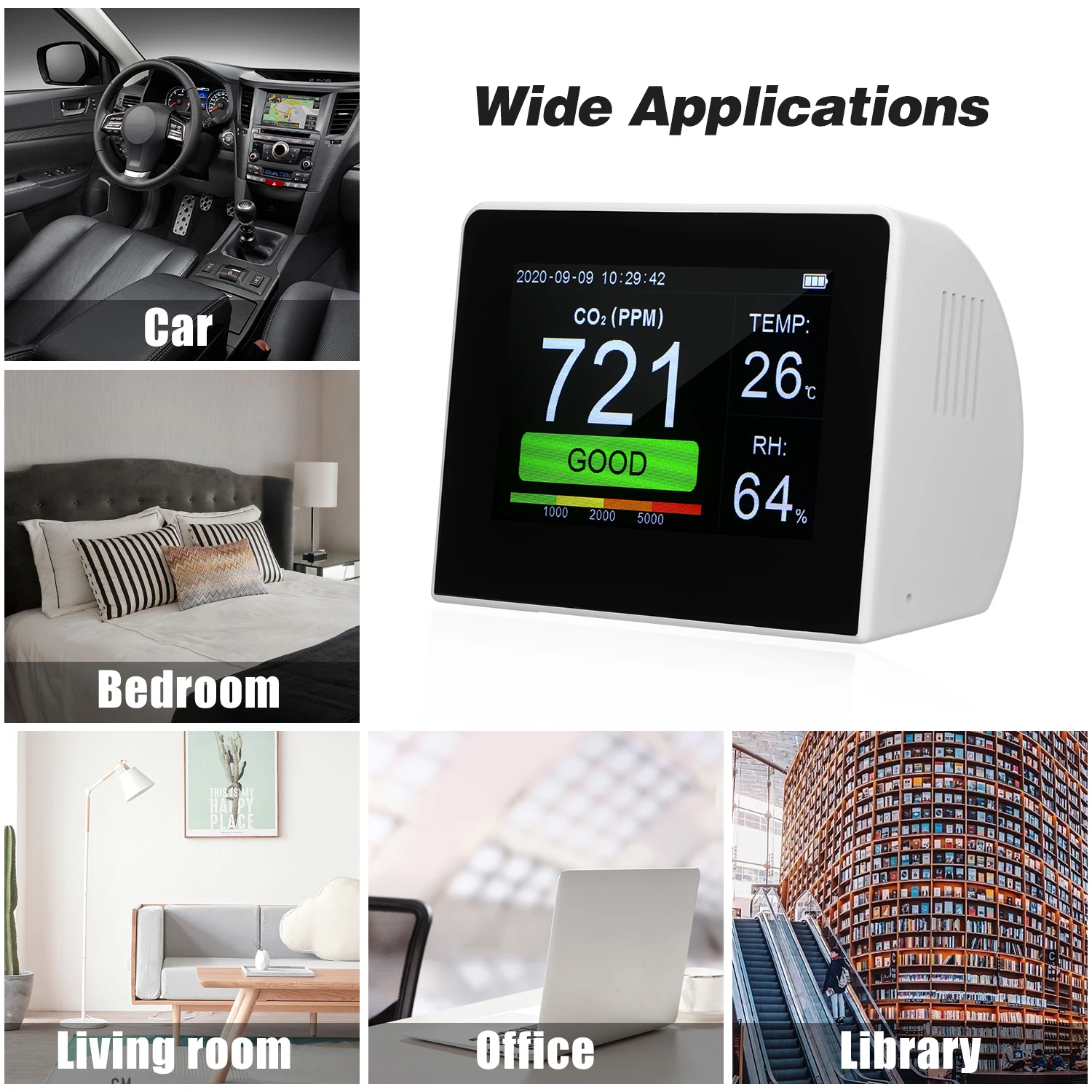 

Desktop CO2 Detector CO2 Meter Tester 3.5-inch Digital Hygrothermograph + Data Logger Rechargeable Battery for Home Office Car