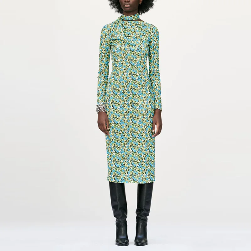 

Женское платье с длинным рукавом, открытой спиной и цветочным принтом