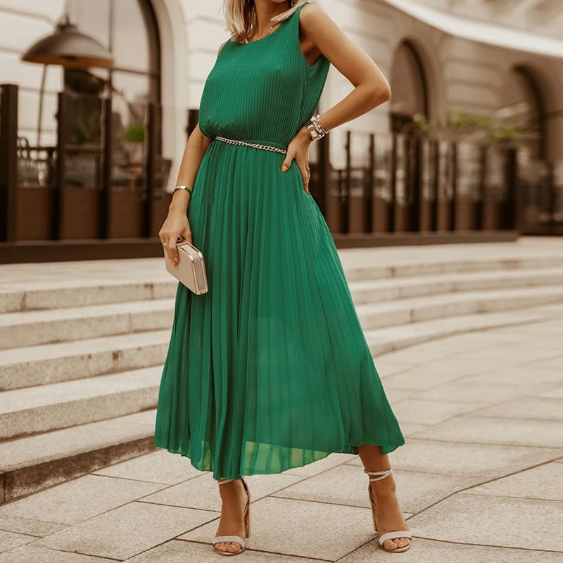 

V Neck Summer Long Pleated Dress Women Chiffon Sleeveless Maxi Office Robe 2021 New Female Elegant Green A Line Party Dresses