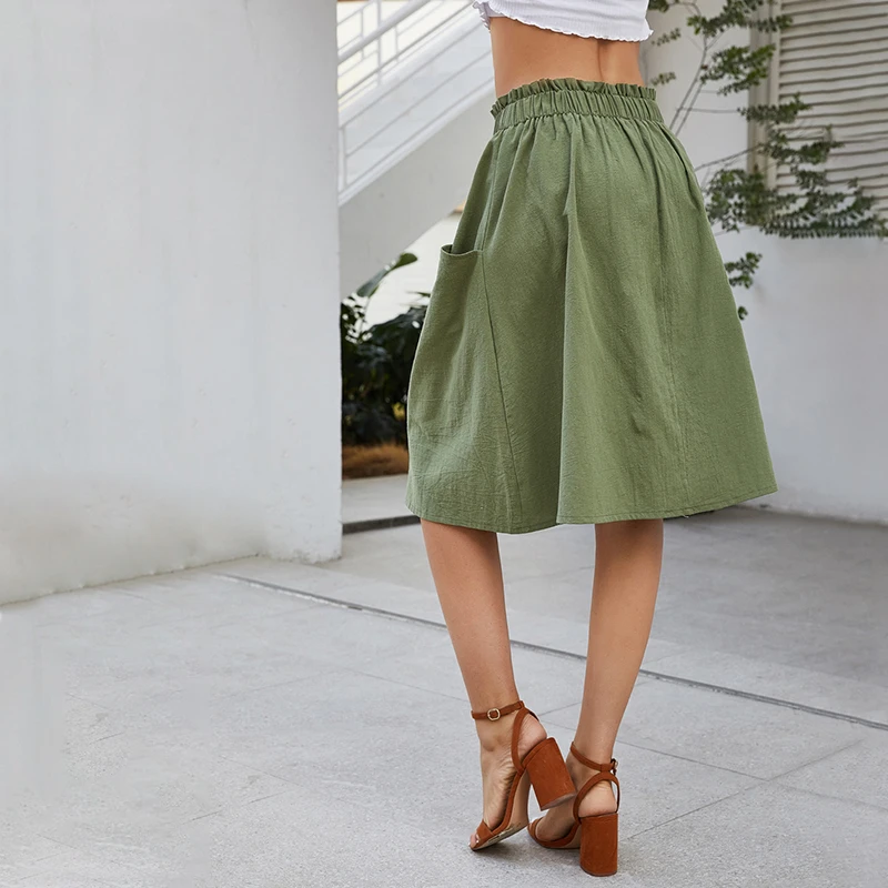 

Spring and summer new European and American style women's elastic bud head pocket single breasted half-length A-line skirt