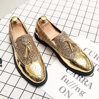 brand gold tassel leather men shoes designer glitter brogue shoes men formal loafers shoes sequins wedding party dress shoes men
