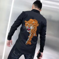 leopard style rhinestone black and white spring mens t shirt button lapel design business office personality tops