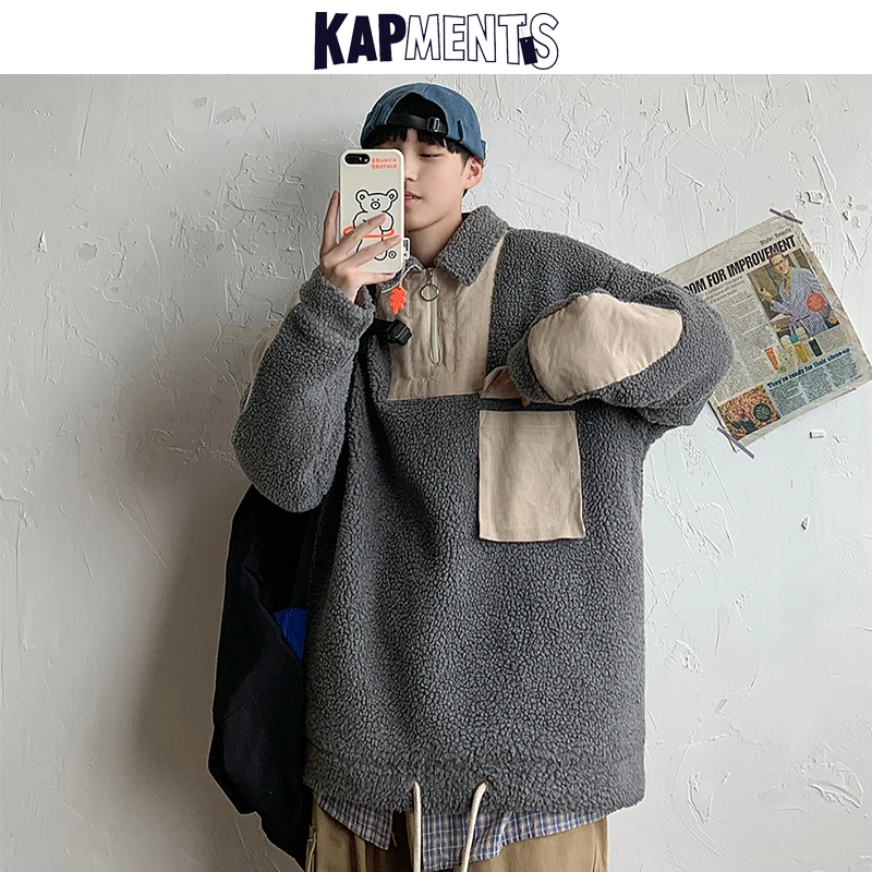 

KAPMENTS Men Turn-down Collar Lambswool Winter Jackets 2022 Mens Harajuku Pockets Black Windbreaker Man Streetwear Bomber Jacket