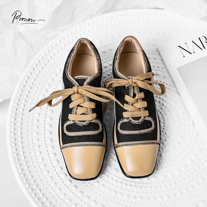 

Prowow New Fashion Style Mixed Color Women Casual Flat Shoes Square Toe Cross Tied Shallow Mouth Women Sneakers Flat Shoes Woman