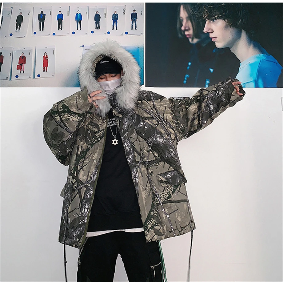 Winter Hip Hop Parkas Men Camouflage Jackets Fur Collar Hooded Thick Windbreaker Coats Outwear Streetwear Plus Size HZ158