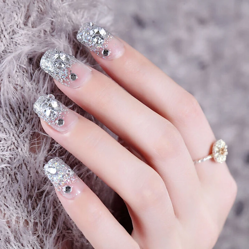 

24Pcs Silver White False Nails Acrylic UV Gel Full French Fake Art Tips Tools