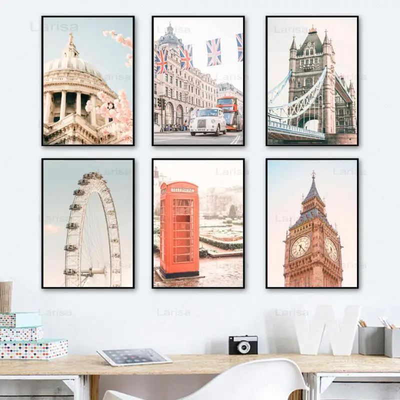 

Big Ben Tower Bridge London Eye Landscape Wall Art Canvas Painting Poster Living Room Office Bedroom Decor Picture for Interior