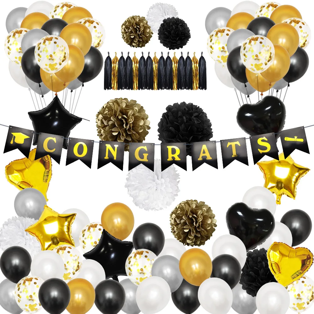 

Аксессуары для вечеринки на выпускной, день рождения, черные и золотые поздравления, градиентный баннер, подвесные шары, кисточки, цветы, во...