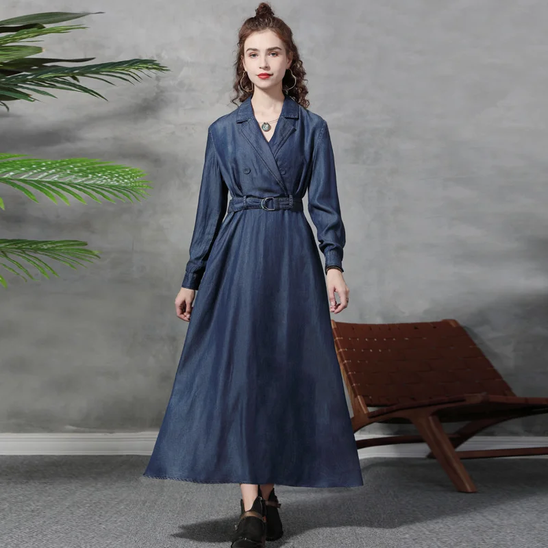 

2021 Autumn Spring New Lxury Brand Belt Hepburn Style Vintage Denim Dress Office Lady Elegant Blue A-line Slim Long Sleeve Dress