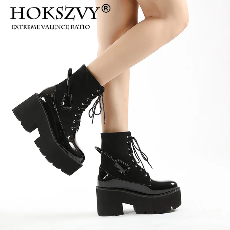

HOKSZVY 8cm Heels New Thick Soled Boots Amazon Foreign Style Knight Boots Lace Up Elastic Women's Boots Lhx