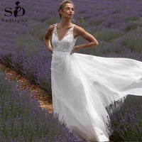 sodigne bohemian wedding dresses 2021 elegant v neck lace beach bridal dress backless plus size bridal gown robe de mariee