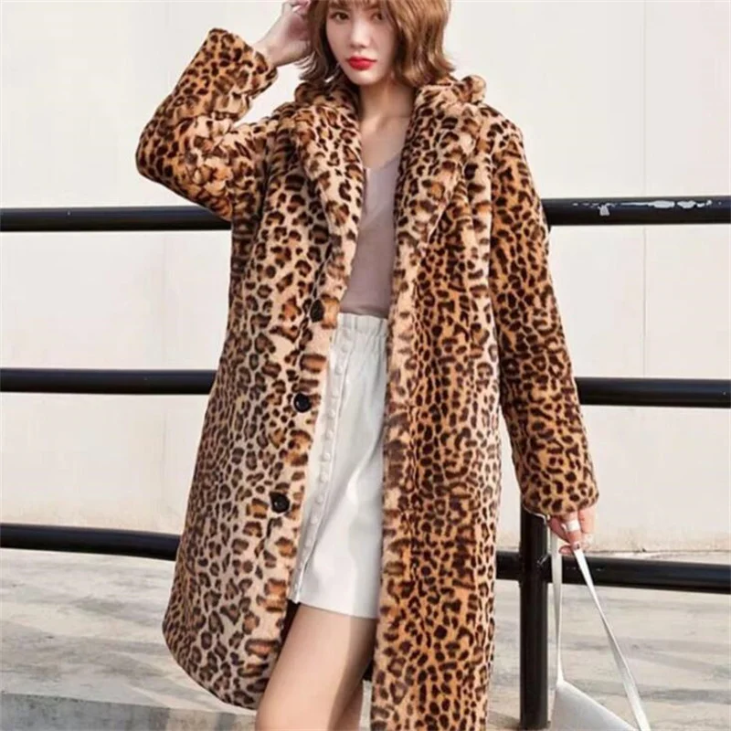 Leopard print coats women winter new slim faux fur jackets warm thick plush long clothes дубленка женская зимняя manteau femme