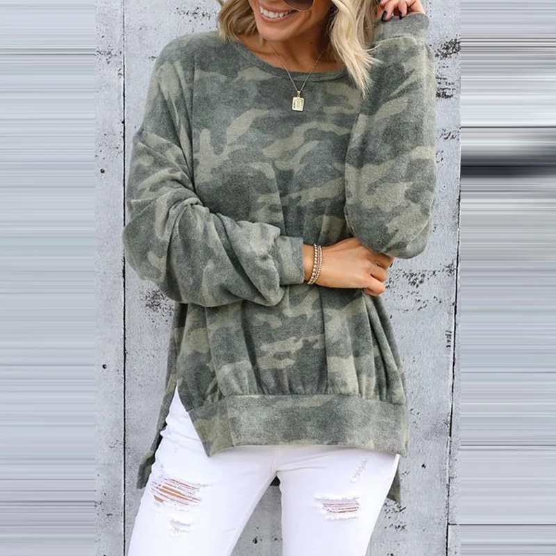 

Европейский и американский пуловер с длинным рукавом и круглым вырезом, Осенний Камуфляжный узор, свободный свитер для женщин
