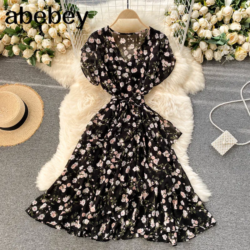 

2021 Boho Women Floral Printed dress V neck Puff-Sleeve Asymmetrical Bow dresses summer Ruffles beach short dress