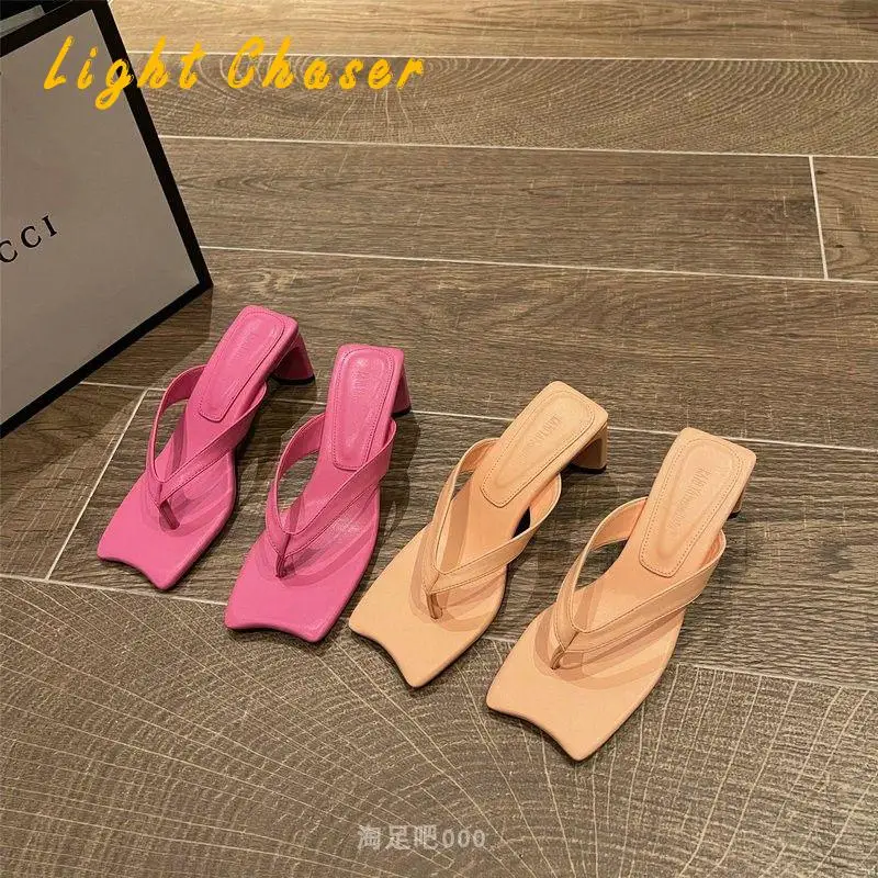 High Heels Women's Flip Flops Women's Sandals Summer Square Toe Flip Flops Outer Wear Beach Sandals And Slippers Women's Shoes