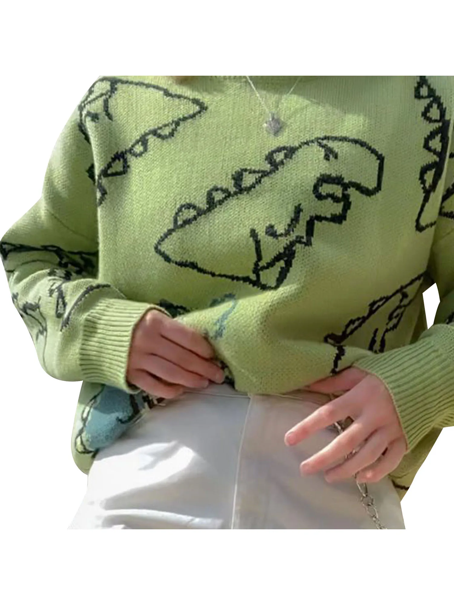 

Womens Dinosaur Print Sweater, Fashion Long Sleeve Knit Pullover Loose Jumper Tops