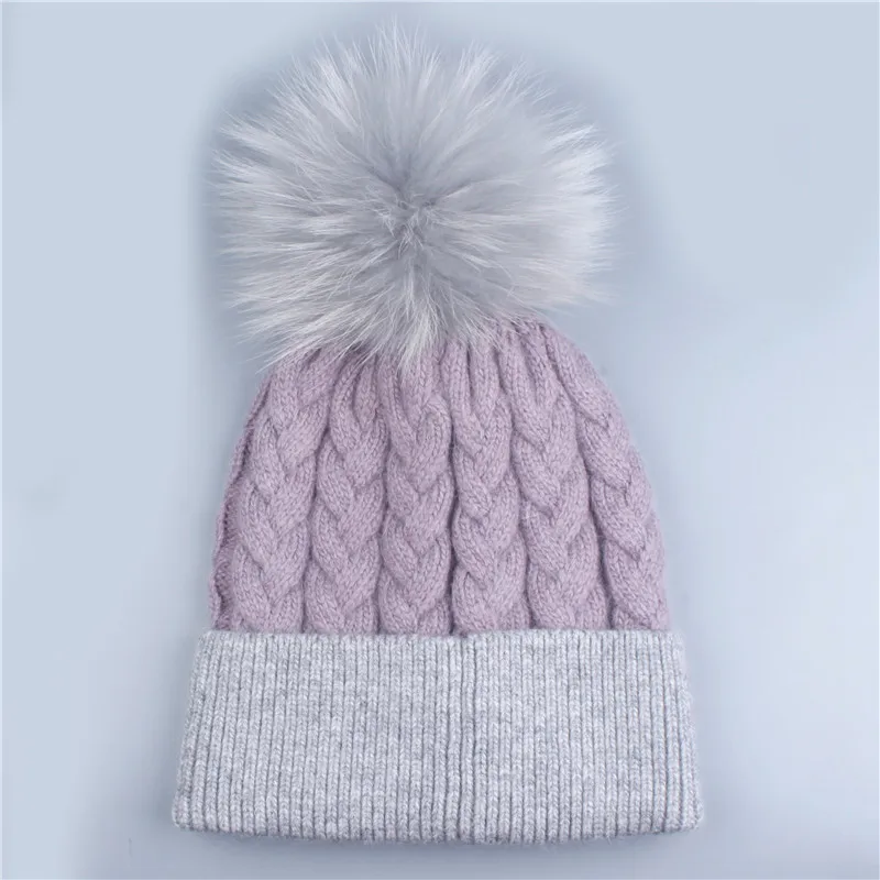 purple Gray 1 Xthree зимнее, связанное из шерсти шапочки кашемировые настоящие норковые Меховые помпоны Skullies hat для женщин девочек hat feminino - Цвет: purple Gray 1