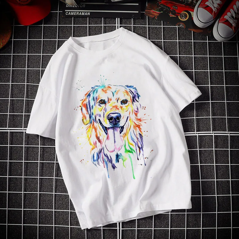 

Футболка женская с круглым вырезом, стильная рубашка с цветным принтом в виде собаки-граффити, стильный белый топ из полиэстера, на лето