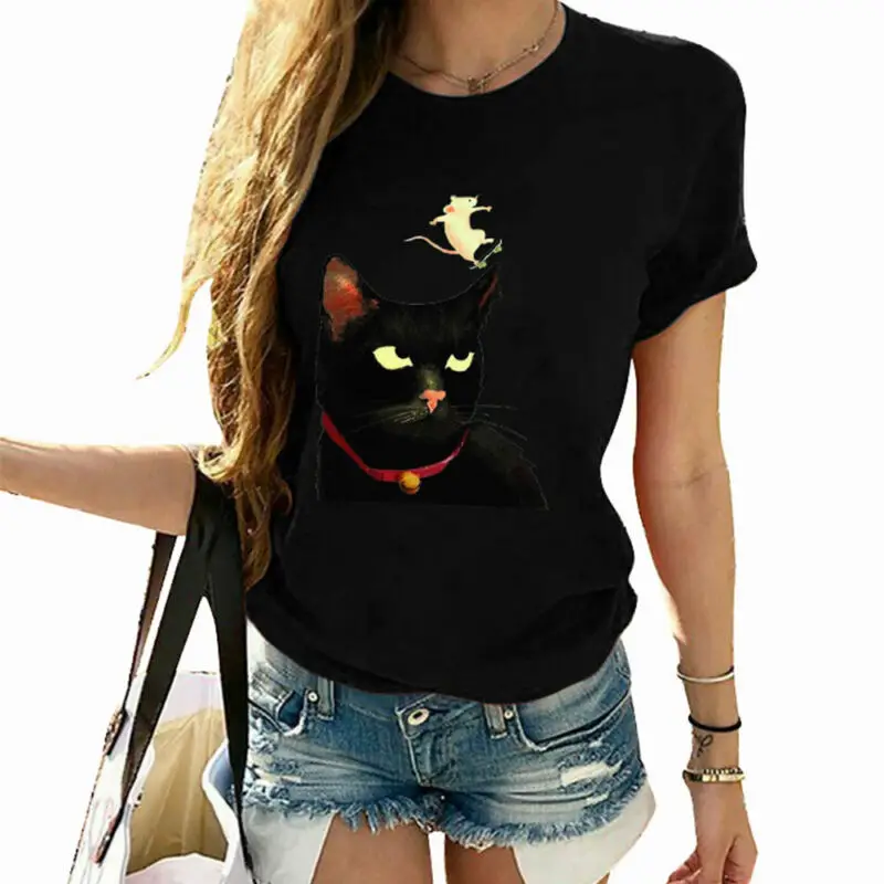 

Women Tops Cat Mouse Printed t Shirt Summer Short Sleeve O Neck Women Clothing Casual Summer Tee t Shirt