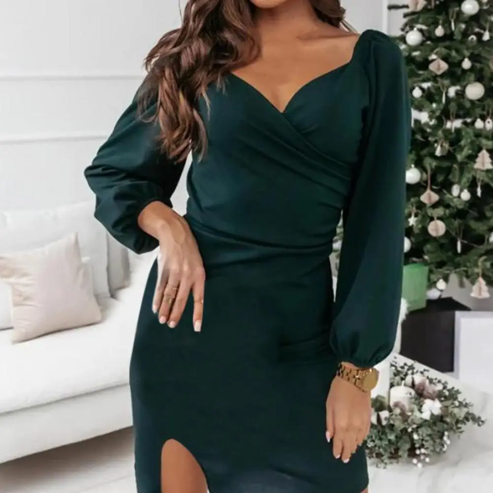 

Bodycon Dress Elastic Cuffs Party Dress Cross Wrap Puff Sleeves Split Mini Dress
