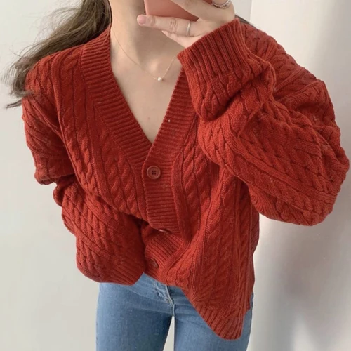 red Neploe зимний Корейский Шикарный ретро свитер пальто Pull Femme сплошной твист v-образным вырезом однобортный длинный рукав вязаный кардиган 55691 - Цвет: red