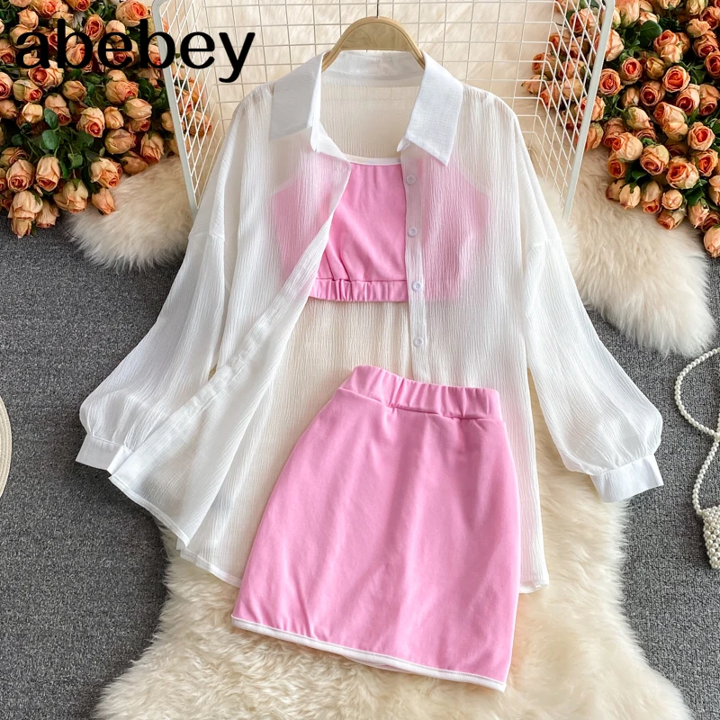 

2021 New Summer Fashion turn-down collar long sleeve single breasted Shirt + high waist pleated casual strap Skirt 3-Piece Set