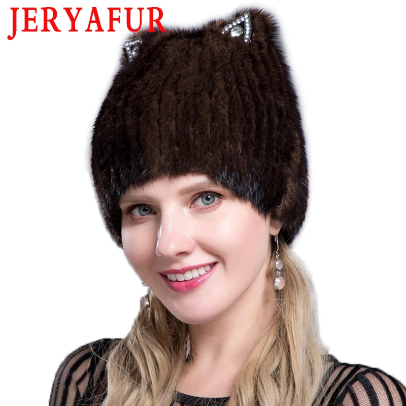 Женская шапка из меха лисы JERYAFUR норки в русском стиле с кошачьими ушками лыжная