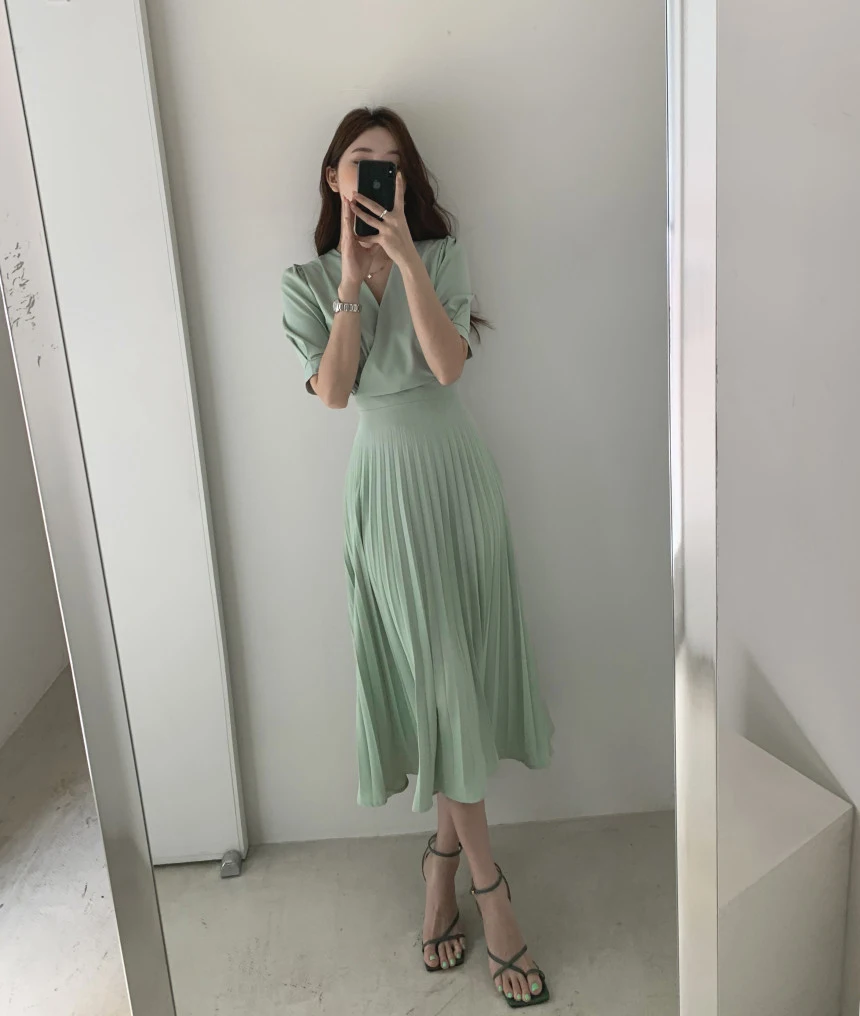 

High Quality New Women Summer Clothes Elegant V-Neck Slim Office Lady Casual A-Line Bandge Pleated Dress Vestidos