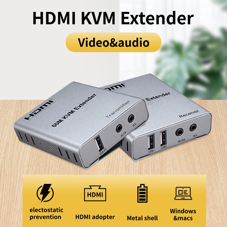 

HDMI KVM Extender over Cat6/5e cable HDMI USB KVM extender with audio extraction IR Up to 60M USB HDMI KVM extender over network