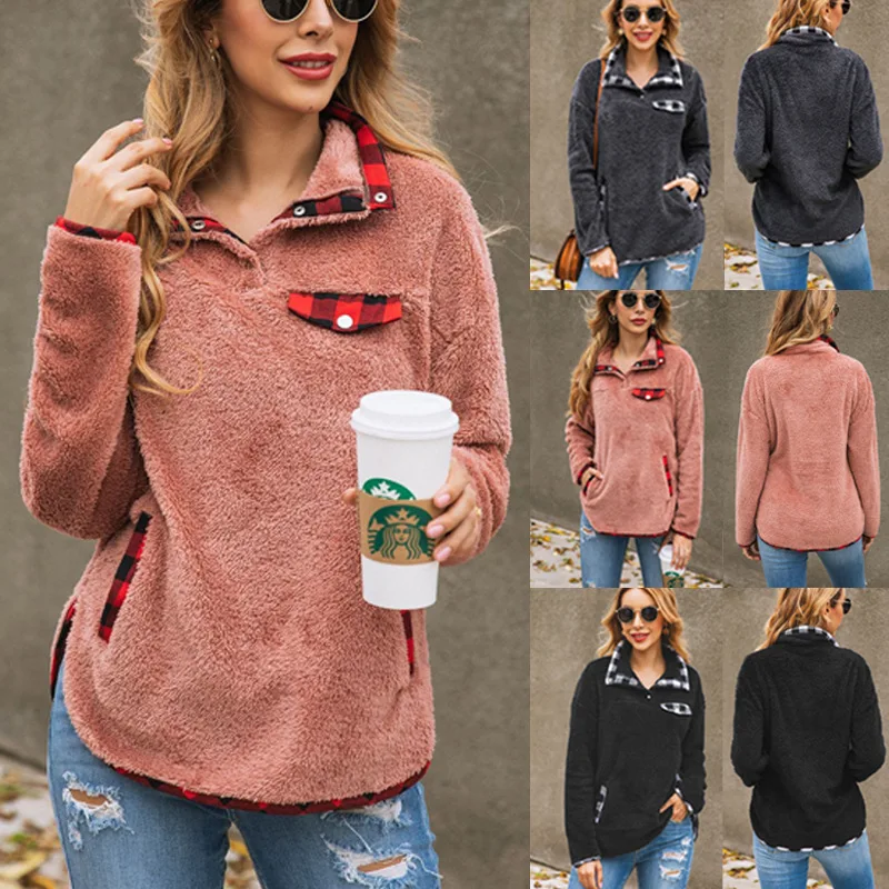 

New Product 2021 Fashion Plaid Splicing Pocket Button Women's Top Sweatshirt fall clothes for women coats for women