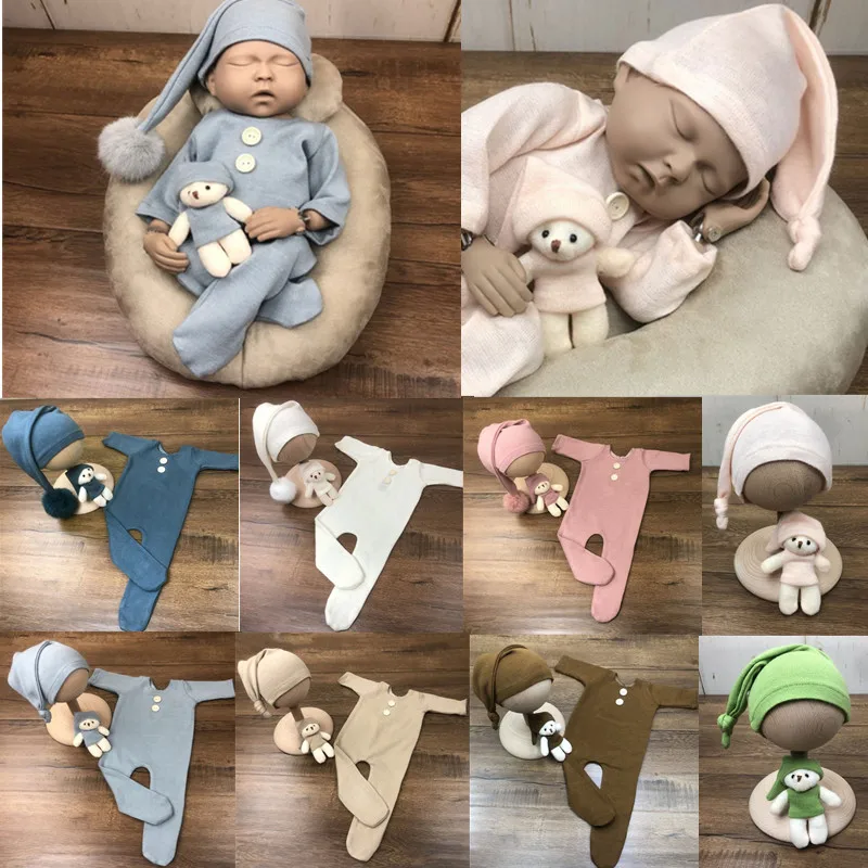 

1set Newborn Photography Props Costume Baby Hat Beanie Cap Bear Doll Newborn Romper Jumper Clothes Suit for 0-2M Baby Boys Girls