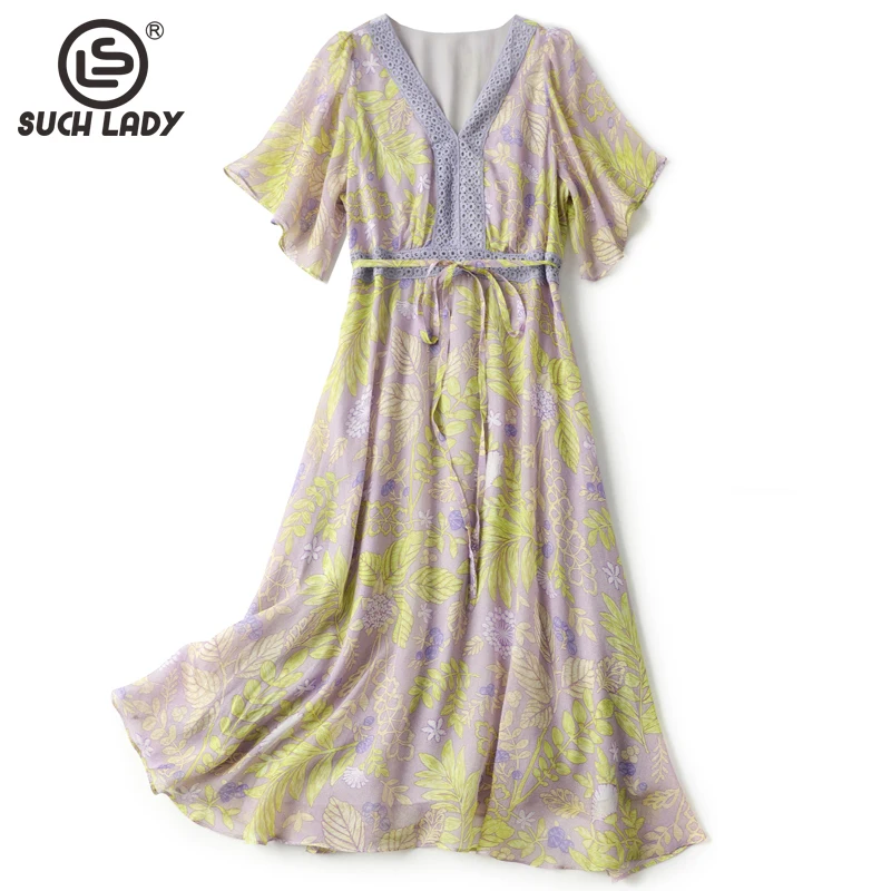 

100% Silk Women's Dresses V Neck Short Flare Sleeves Printed Sash Belt Fashion Holiday Dress Vestidos