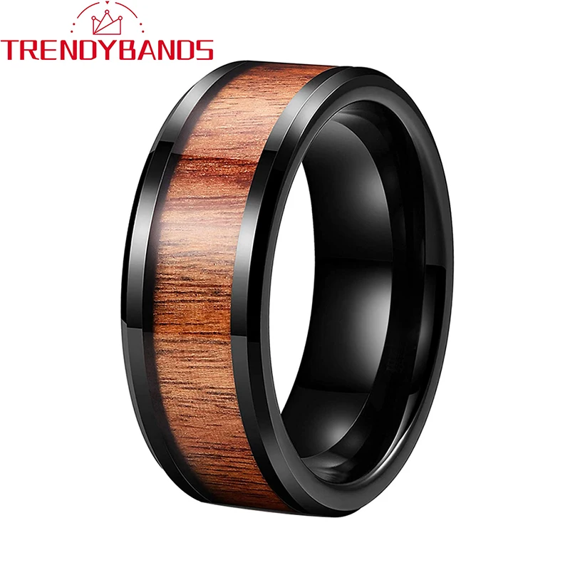 

8mm Black Tungsten Carbide Engagement Rings Wedding Band for Men Women Koa Wood Inlay Beveled Edges Polished Shiny Comfort Fit