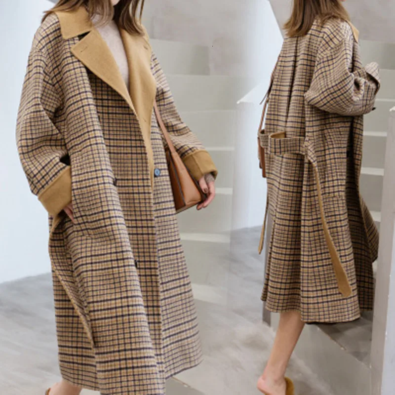 Winter Wool Coat Women 2019 Large Size Long Sleeve Hepburn Loose Woolen Outwear Fashion Plaid OverCoat | Женская одежда