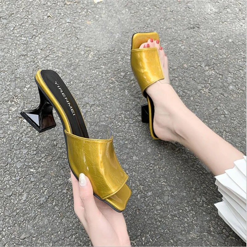 

Summer womens Slippers Fish mouth mid heel fashion Stitching transparent sandals Woman Flip flops high heels Ladies Slippers