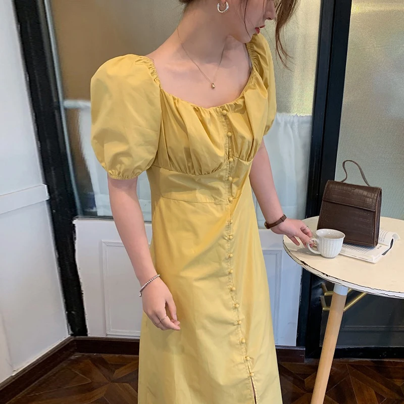 

Korejpaa Women Dress 2021 Summer Korean Chic Gentle Candy Color Leaky Clavicle Buckle Pleated High Waist Puff Sleeve Vestidos