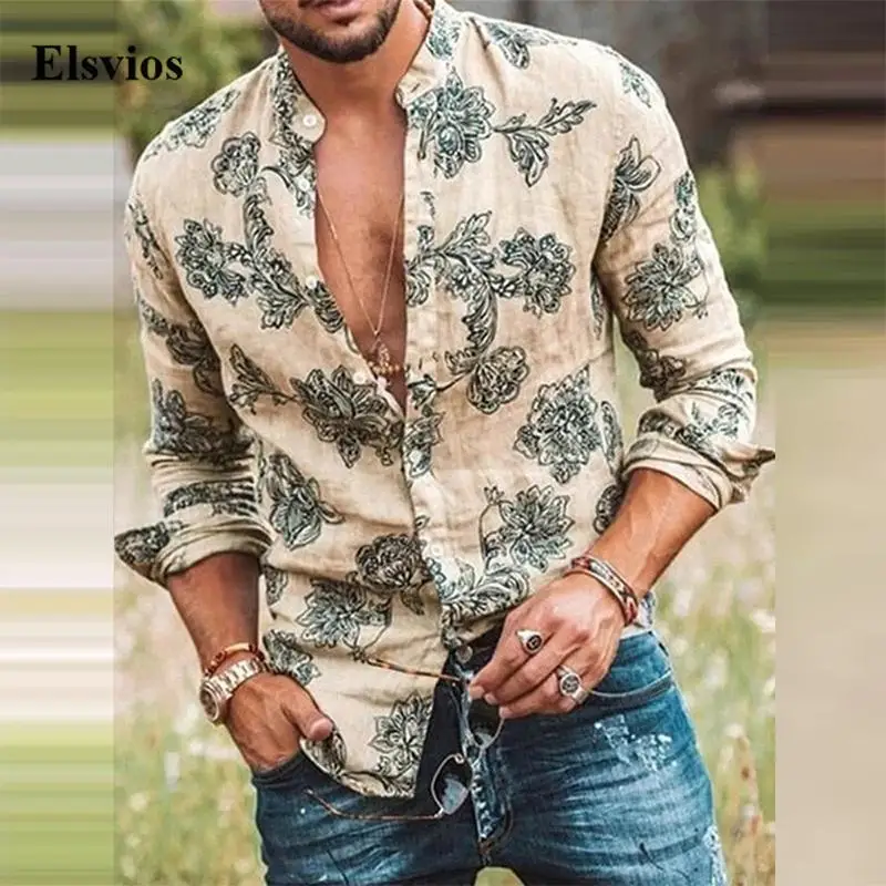 

Мужская Осенняя рубашка с длинным рукавом и воротником-стойкой, кардиган с винтажным принтом, топы, Повседневная модная рубашка для мужчин, ...