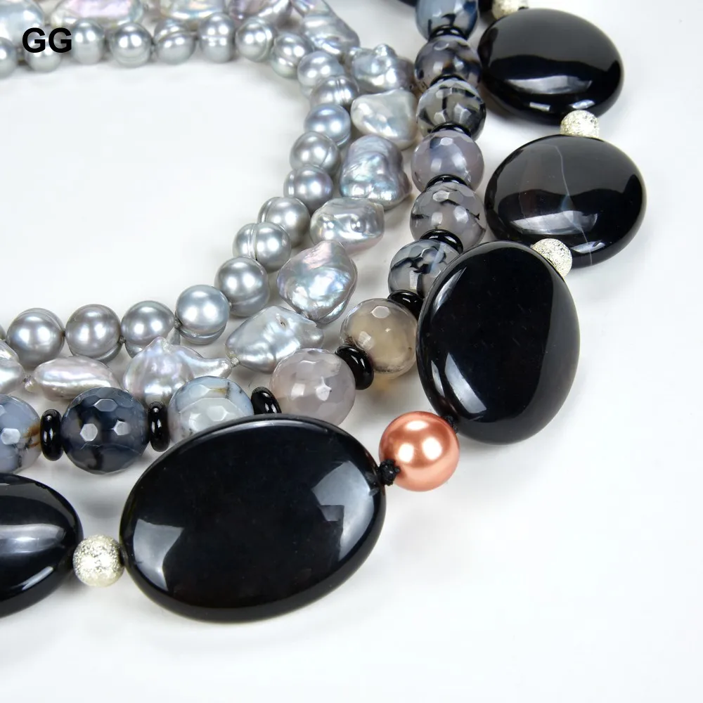 

GG Jewelry 18-22" Grey Coin Round Pearl Agate Onyx Crystal Necklace