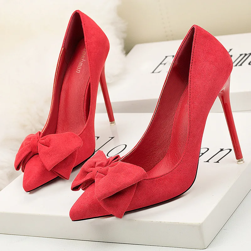 

Korean version of the new fashion sweet stiletto super high heel shallow pointy sexy suede bow women's single shoes
