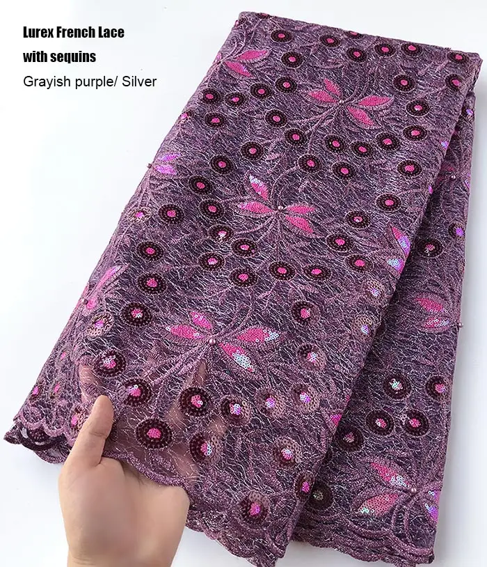 Grayish purple 5 ярдов серовато-Фиолетовое Настоящее французское кружево с вышивкой люрексом африканская Тюль кружевная ткань нигерийская Гана вечернее платье Высокое качество - Color: Grayish purple