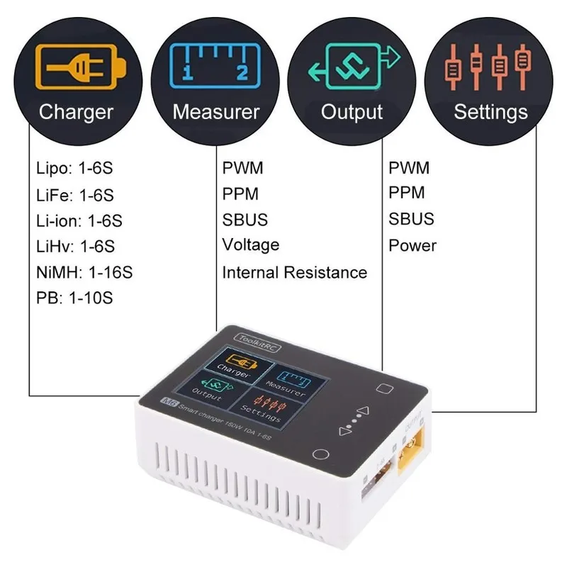 ToolkitRC M6 зарядное устройство 150 Вт 10А DC выход для 1 6S Lipo LiHV Life Lion NiMh Pb Cell Checker Servo