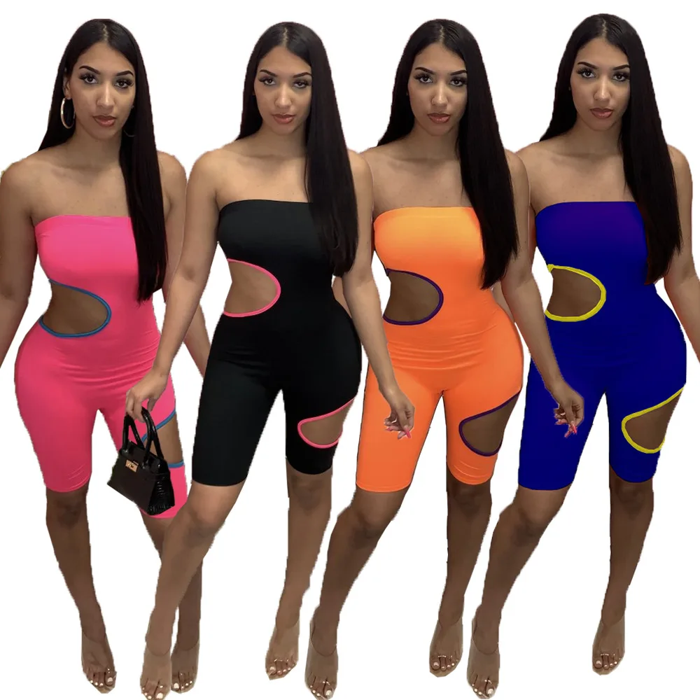 

Summer Hole Hollow Out Strapless Playsuit Women Sexy Skinny Romper Sporty Short Jumpsuit Bodycon Party Clubwear Outfits New