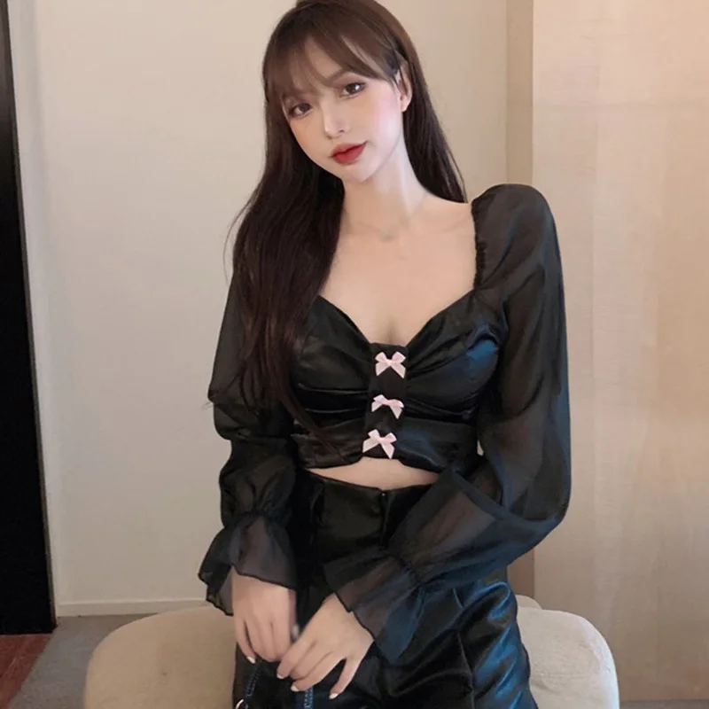 

Korean Fashion Women's Sexy V Neck Blouse Exposed Navel Short Blouses Female Long Sleeve Shirts Tops