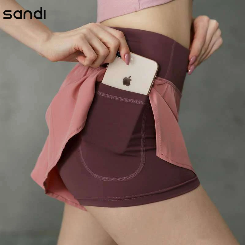 

SAN DI Women 2 In 1 Running Shorts Elastic Waist Pocket Tight Yoga Short Woman Sports Short Pink Gym Fitness Shorts Sportswear