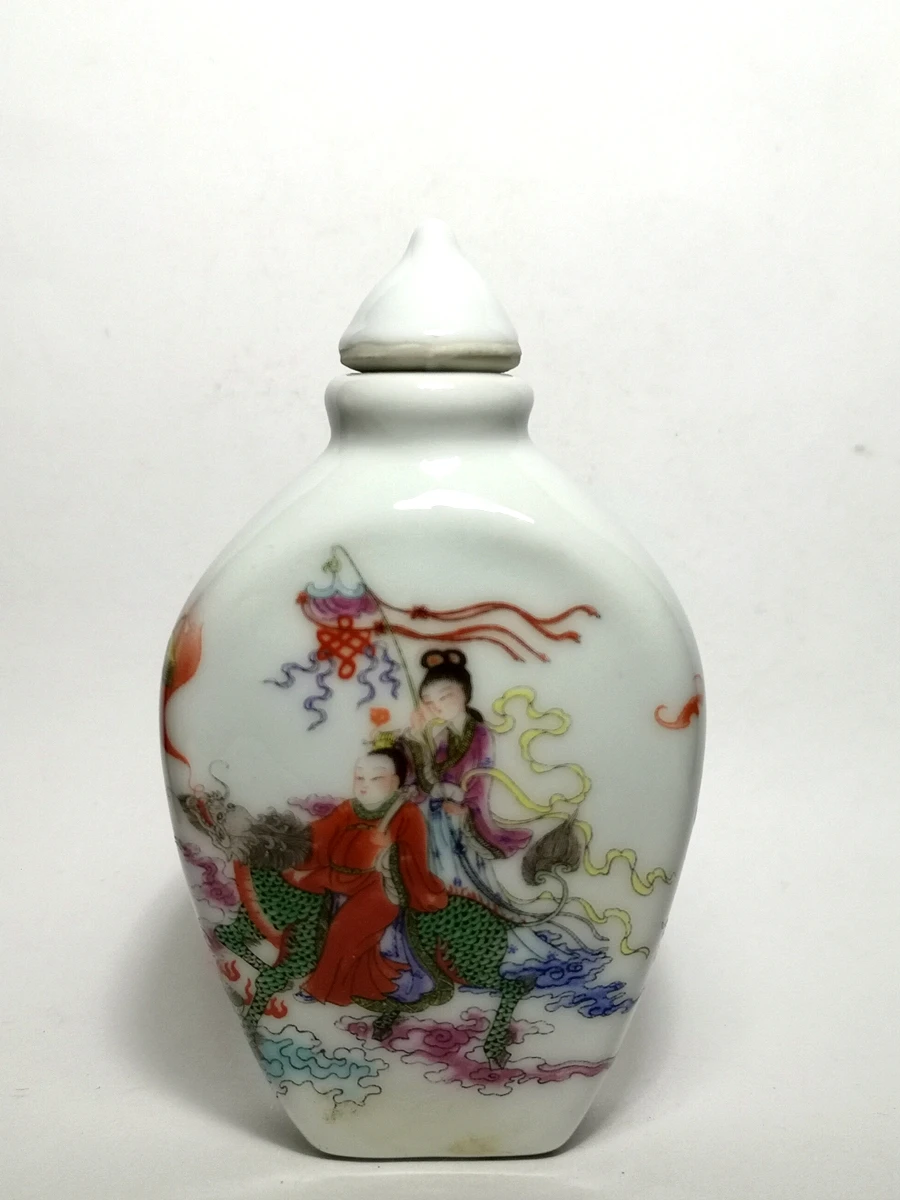 

YIZHU CULTUER ART Collected Old China Famille rose Porcelain Painting Avalokitesvara Kylin boy Snuff Bottle Decoration