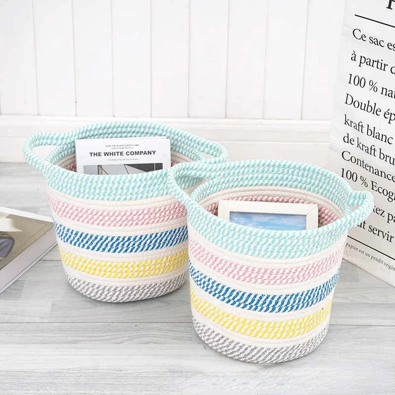 

Household Foldable Laundry Basket Cotton Woven Snacks Cosmetics Sundries Storage Basket Stitching makeup organizer storage box