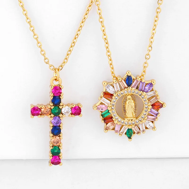 

Rainbow Virgin Mary Necklace for Women Copper CZ Crystal Cross Necklace Religious Catholic Jewelry Gifts arcoiris nkeq16