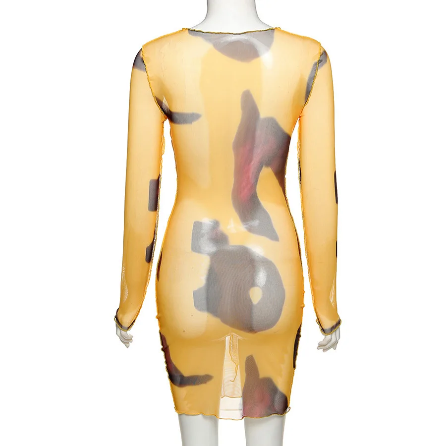 

Vintage Sexy See-Through Bandage Clother Woman Fall Chic Casual Mesh Streetwear Bodycon Club Cut Out Hole Mini Dress New