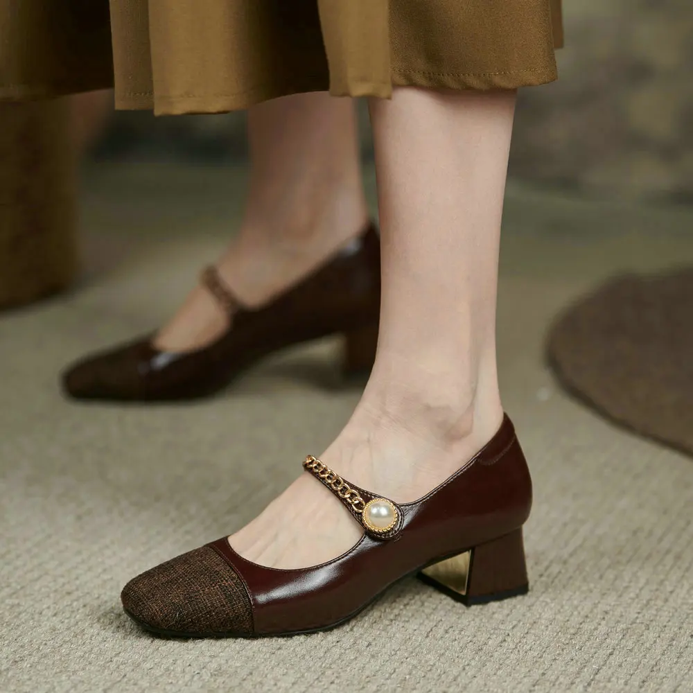 

EshtonShero Women Shoes Pumps Mary Janes Genuine Leather Round Toe Square Med Heels Platform String Bead Ladies Casual Feetwear